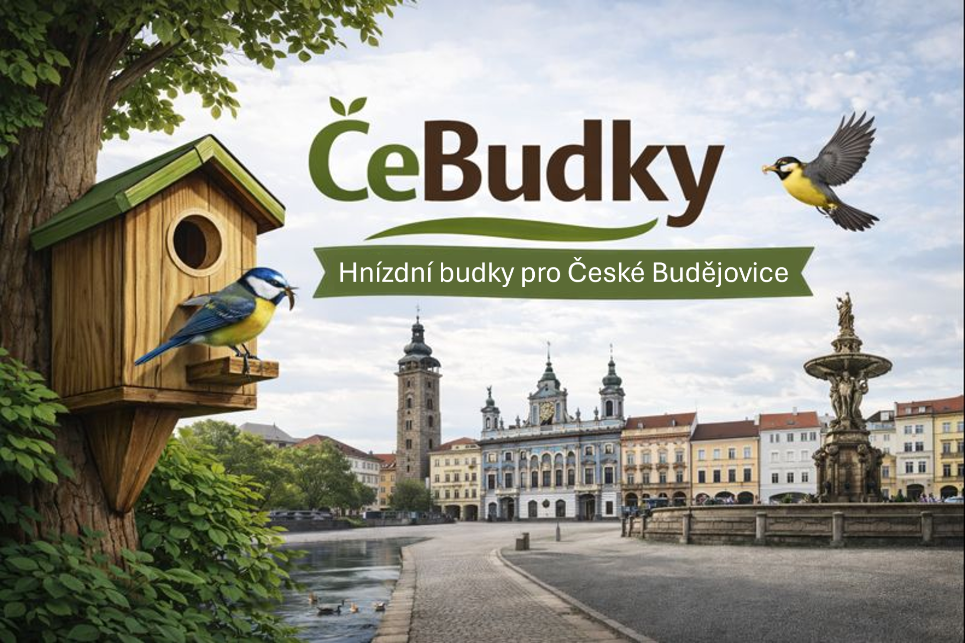 Ilustrační plakát s logem Čebudky, ptáky u budky a panoramatem Českých Budějovic.